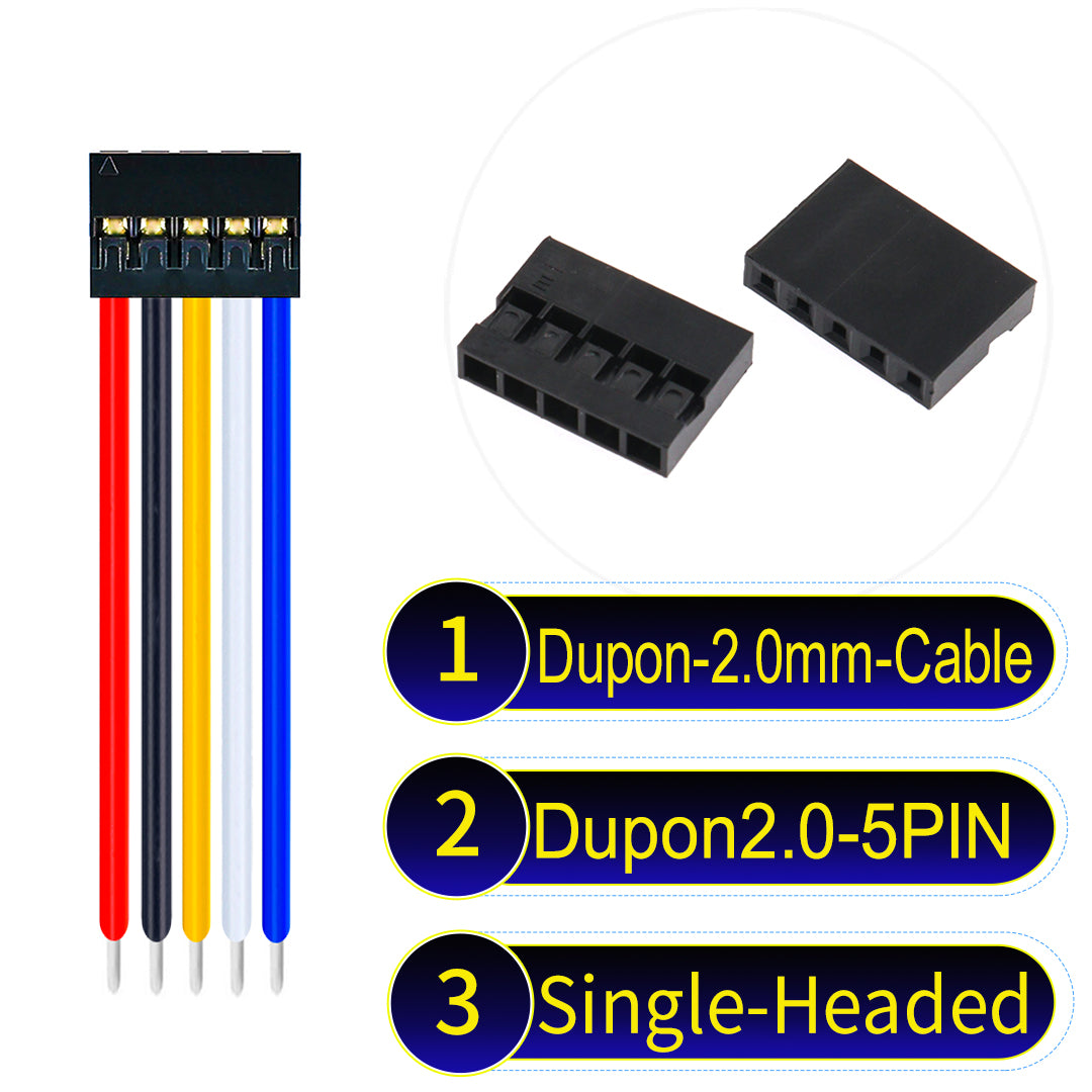 Dupont 2.0mm 5Pin single-headed cable with 24AWG copper wire and UL1007-certified PVC, ideal for DIY projects and industrial equipment connections.