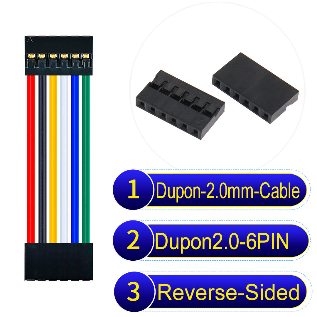 Dupont 2.0mm 6Pin Reverse-Side-Head cable, standard 2.0mm pitch, 24AWG copper wire, UL1007 certified, widely used for electronic projects and industrial connections.