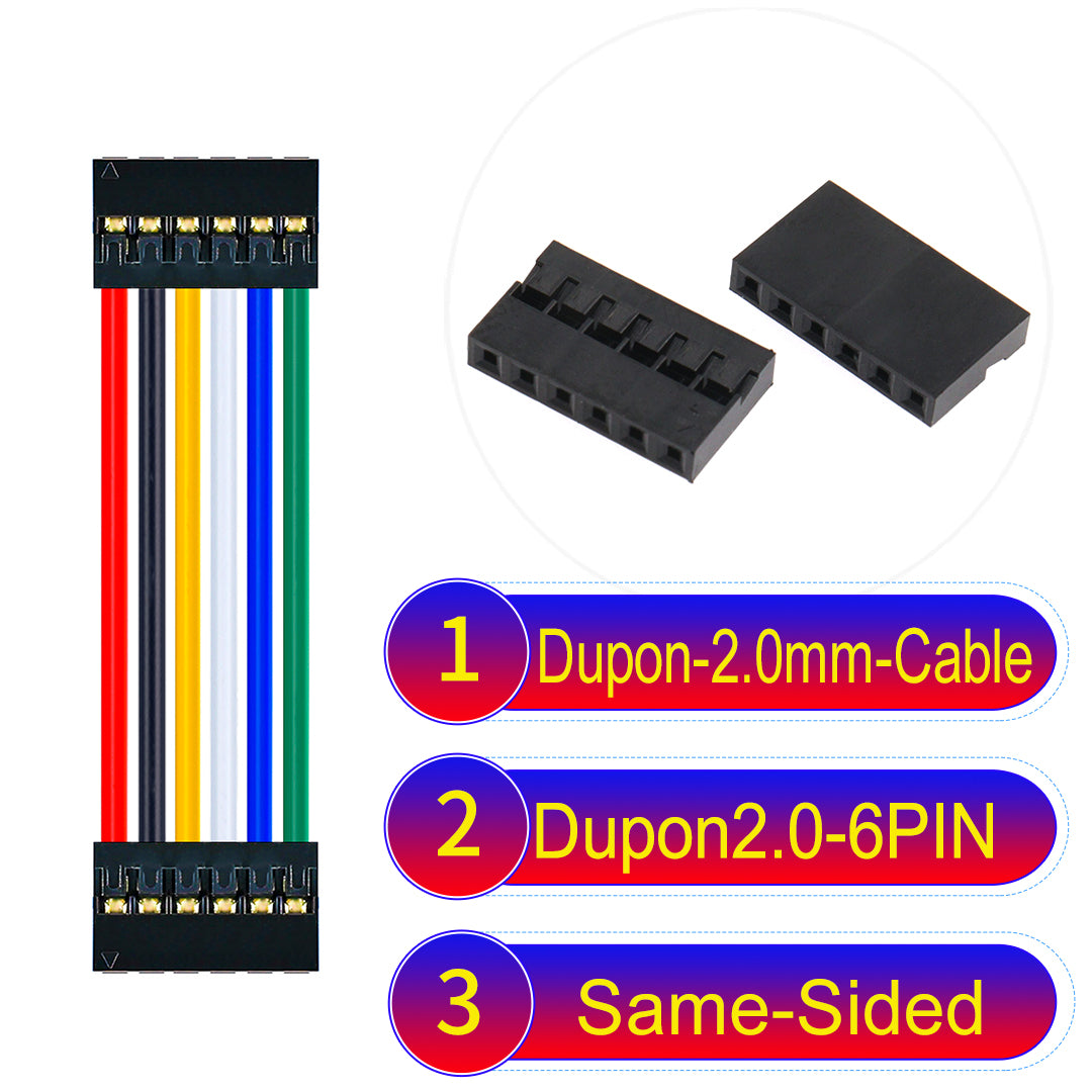 Dupont 2.0mm 6Pin Same-Side-Head cable with 24AWG copper wire and UL1007-certified PVC, ideal for DIY projects and industrial equipment connections.