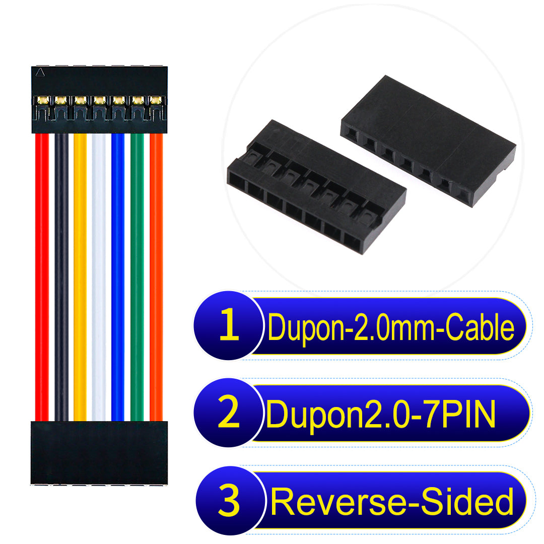 Dupont 2.0mm 7Pin Reverse-Side-Head cable, standard 2.0mm pitch, 24AWG copper wire, UL1007 certified, widely used for electronic projects and industrial connections.