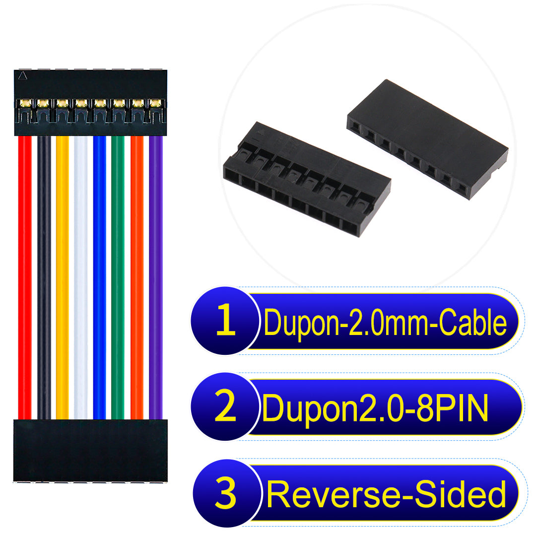 Dupont 2.0mm 8Pin Reverse-Side-Head cable, standard 2.0mm pitch, 24AWG copper wire, UL1007 certified, widely used for electronic projects and industrial connections.