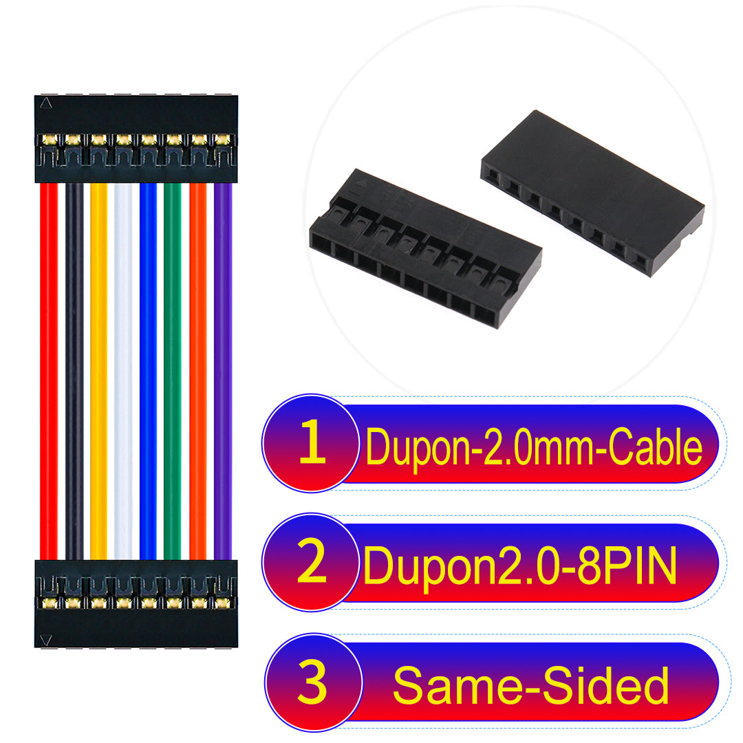 Dupont 2.0mm 8Pin Same-Side-Head cable with 24AWG copper wire and UL1007-certified PVC, ideal for DIY projects and industrial equipment connections.