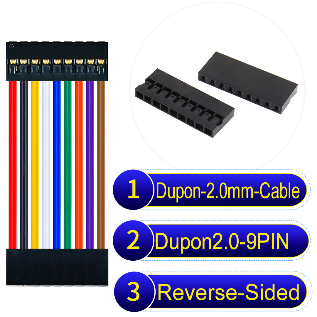 Dupont 2.0mm 9Pin Reverse-Side-Head cable, standard 2.0mm pitch, 24AWG copper wire, UL1007 certified, widely used for electronic projects and industrial connections.