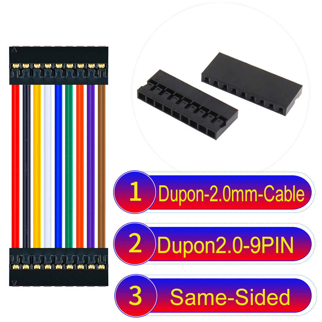 Dupont 2.0mm 9Pin Same-Side-Head cable with 24AWG copper wire and UL1007-certified PVC, ideal for DIY projects and industrial equipment connections.