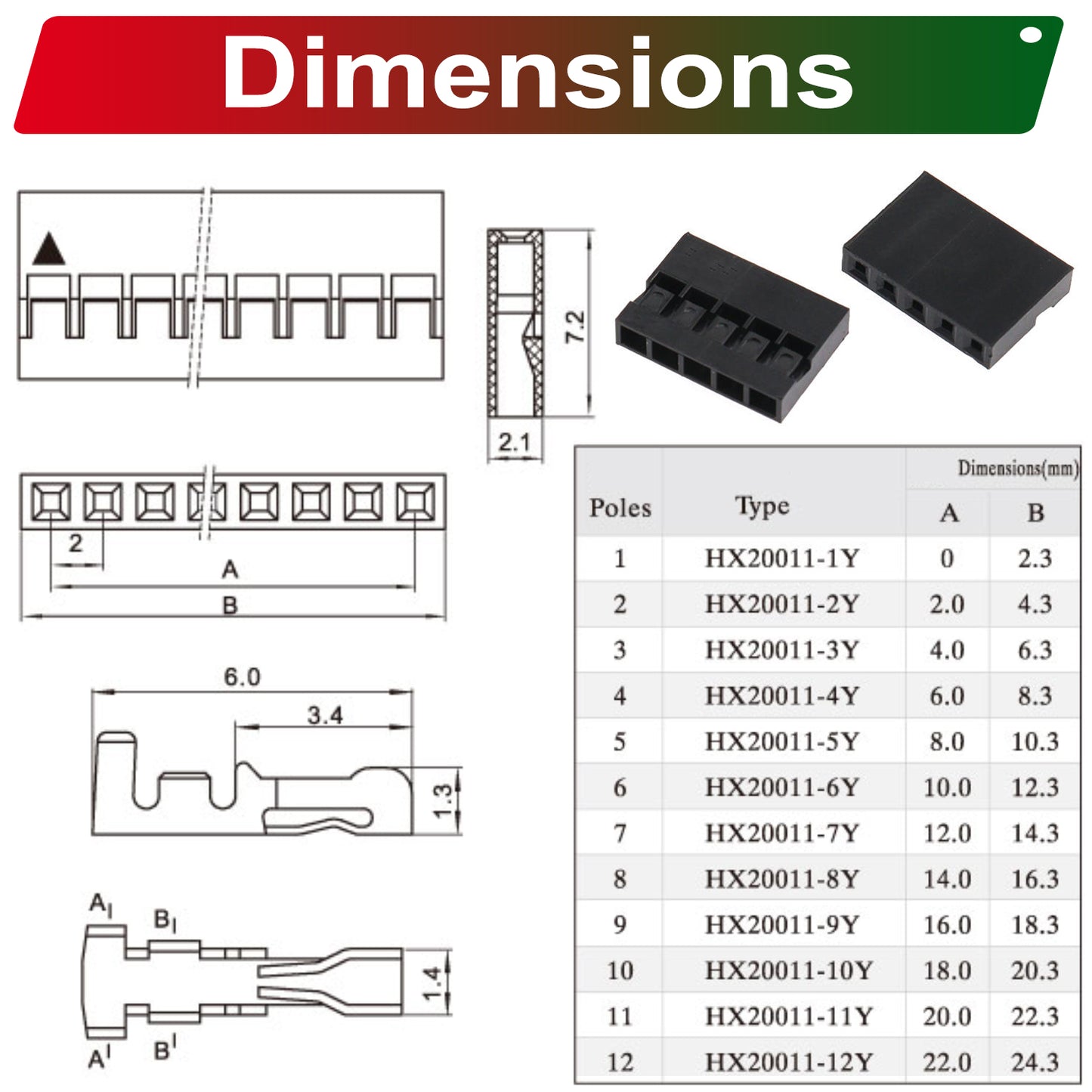 Detailed view of Dupont 2.0mm single row connector pins and crimp terminals