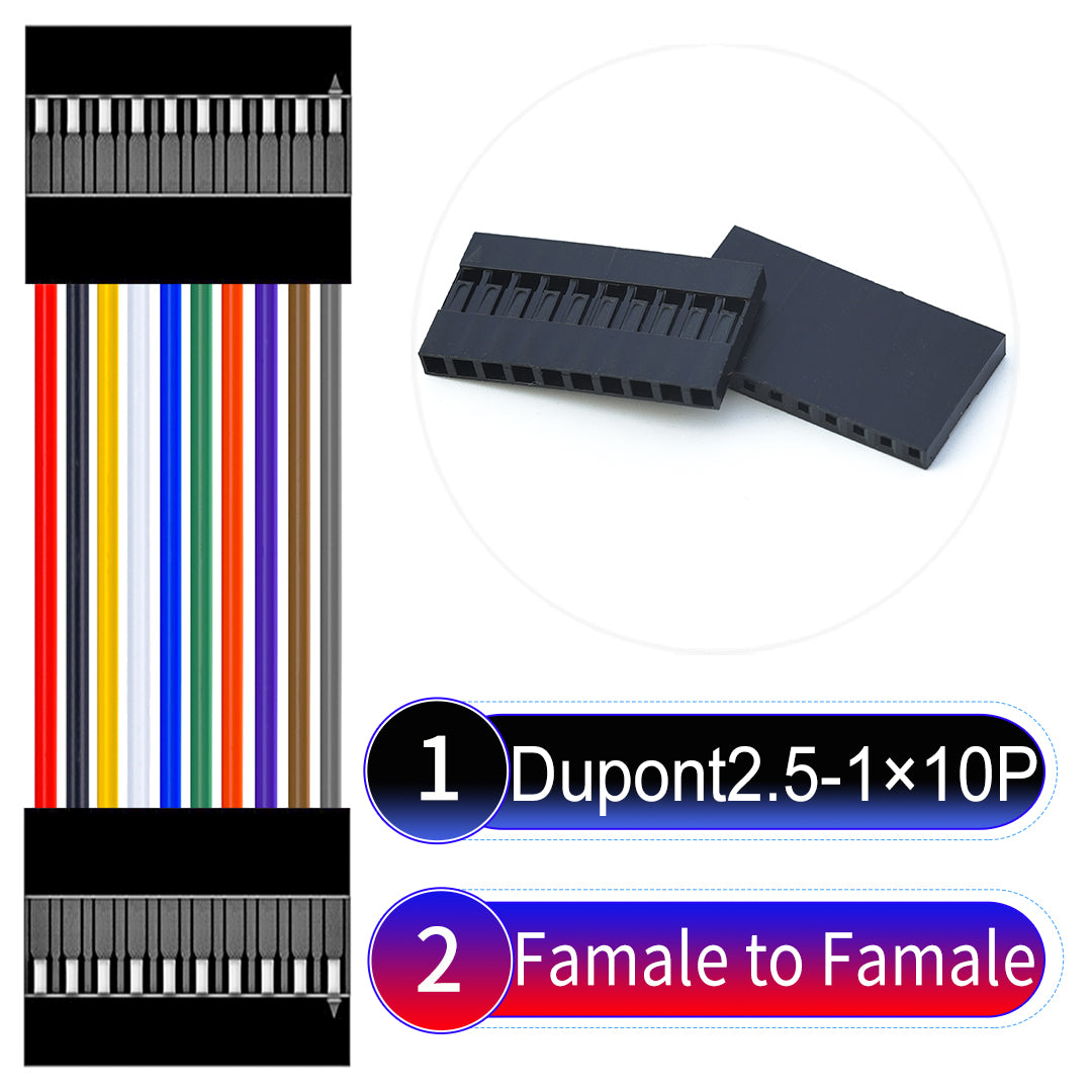Dupont 2.54mm Female to Female 10Pin cable with 22AWG copper wire, UL1007 PVC insulation, and 2.54mm pitch, suitable for DIY projects and industrial connections.