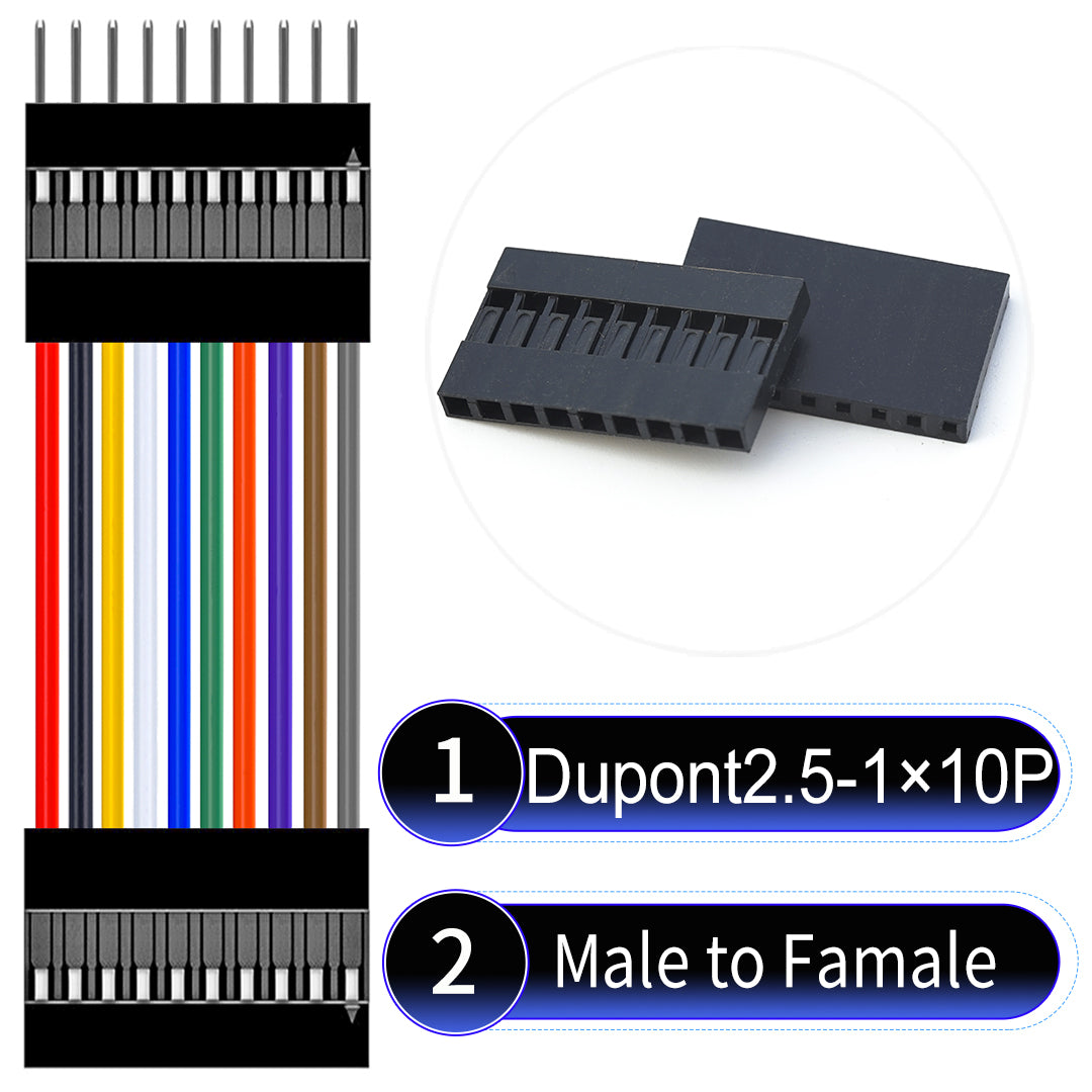 Dupont 2.54mm Female to Male 10Pin cable with 22AWG copper wire, UL1007 PVC insulation, and 2.54mm pitch, suitable for DIY projects and industrial connections.