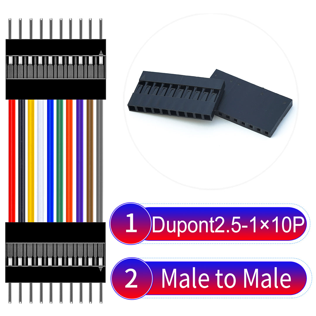 Dupont 2.54mm Male to Male 10Pin cable with 22AWG copper wire, UL1007 PVC insulation, and 2.54mm pitch, suitable for DIY projects and industrial connections.