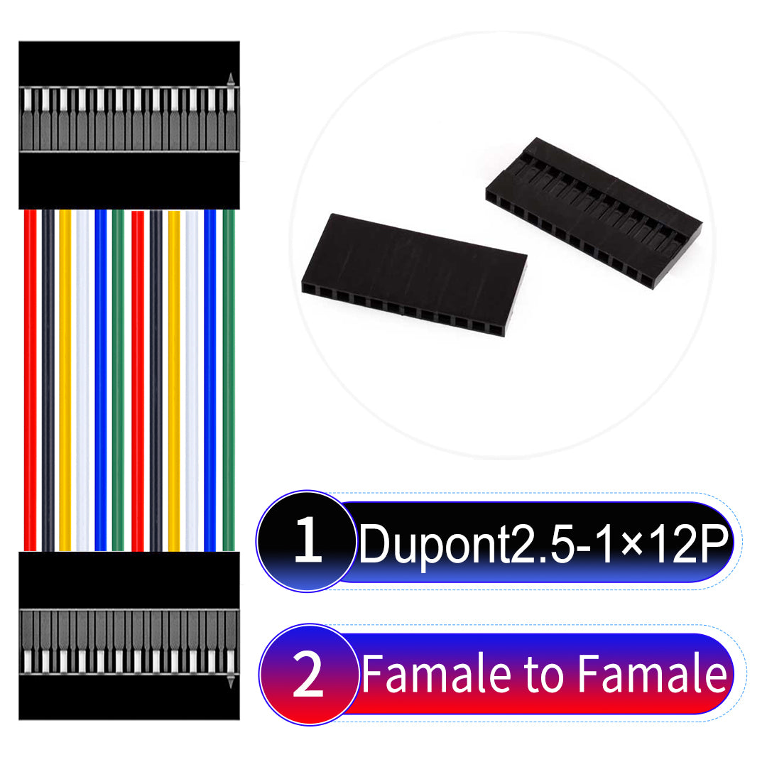 Dupont 2.54mm Female to Female 12Pin cable with 22AWG copper wire, UL1007 PVC insulation, and 2.54mm pitch, suitable for DIY projects and industrial connections.
