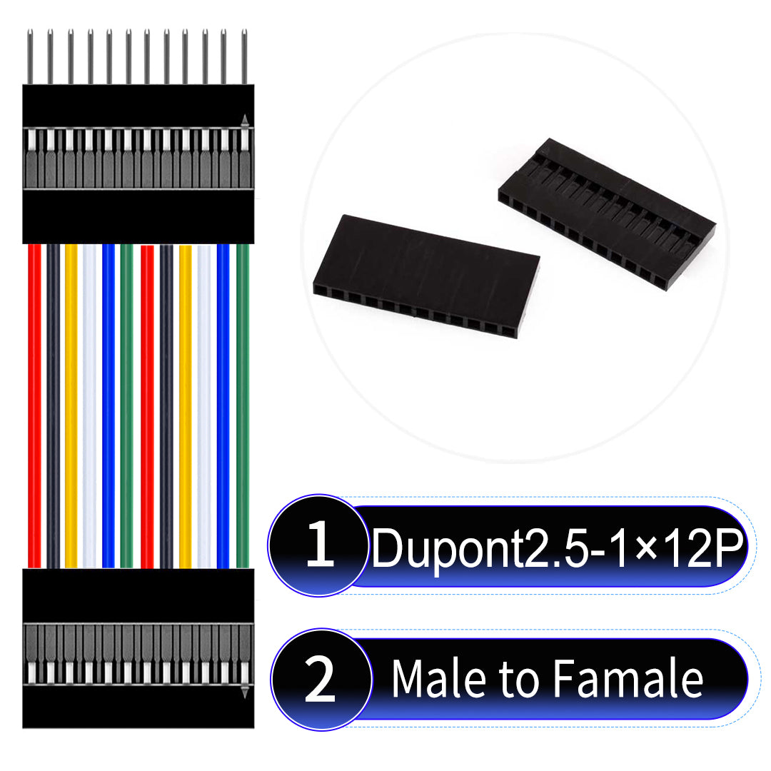 Dupont 2.54mm Female to Male 12Pin cable with 22AWG copper wire, UL1007 PVC insulation, and 2.54mm pitch, suitable for DIY projects and industrial connections.