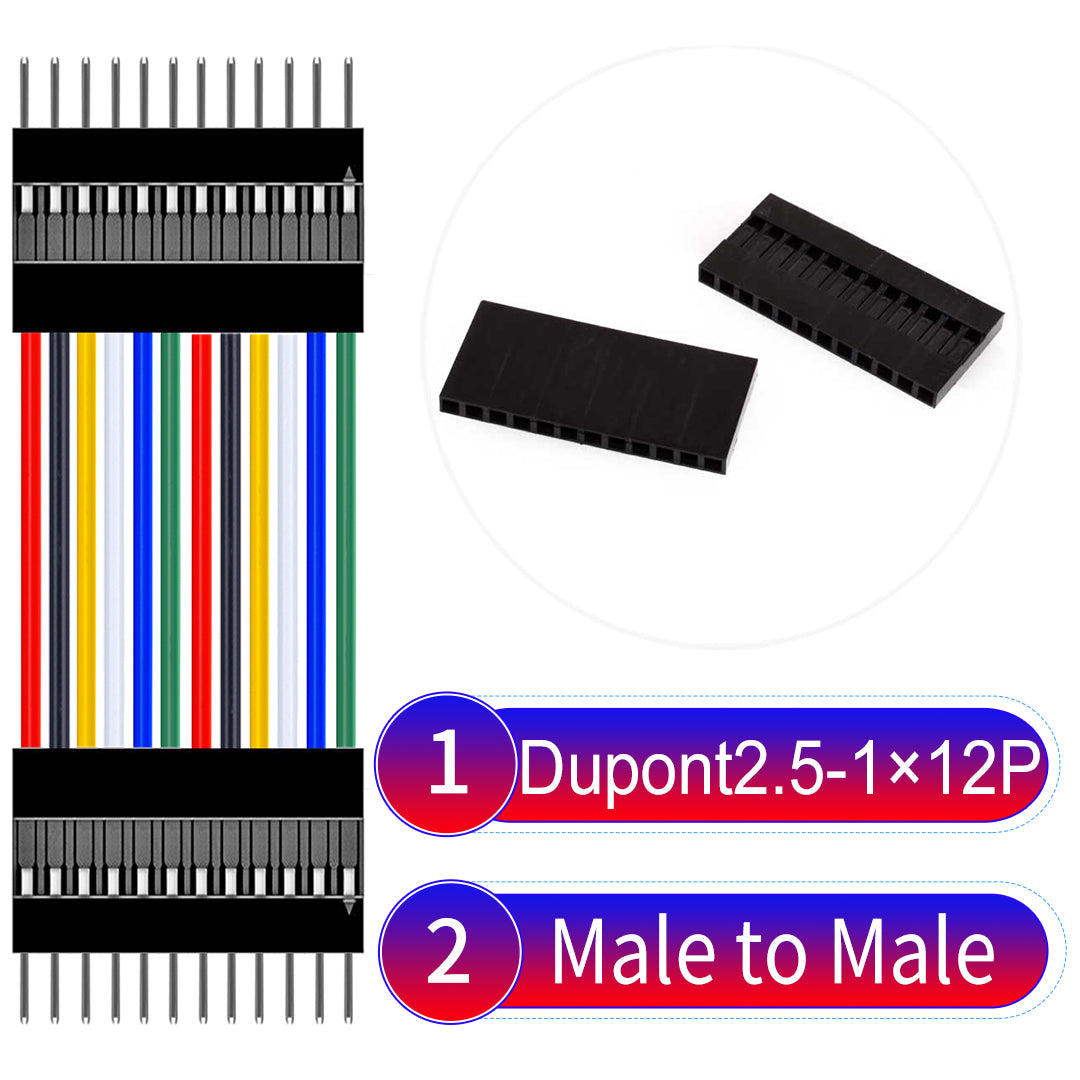 Dupont 2.54mm Male to Male 12Pin cable with 22AWG copper wire, UL1007 PVC insulation, and 2.54mm pitch, suitable for DIY projects and industrial connections.