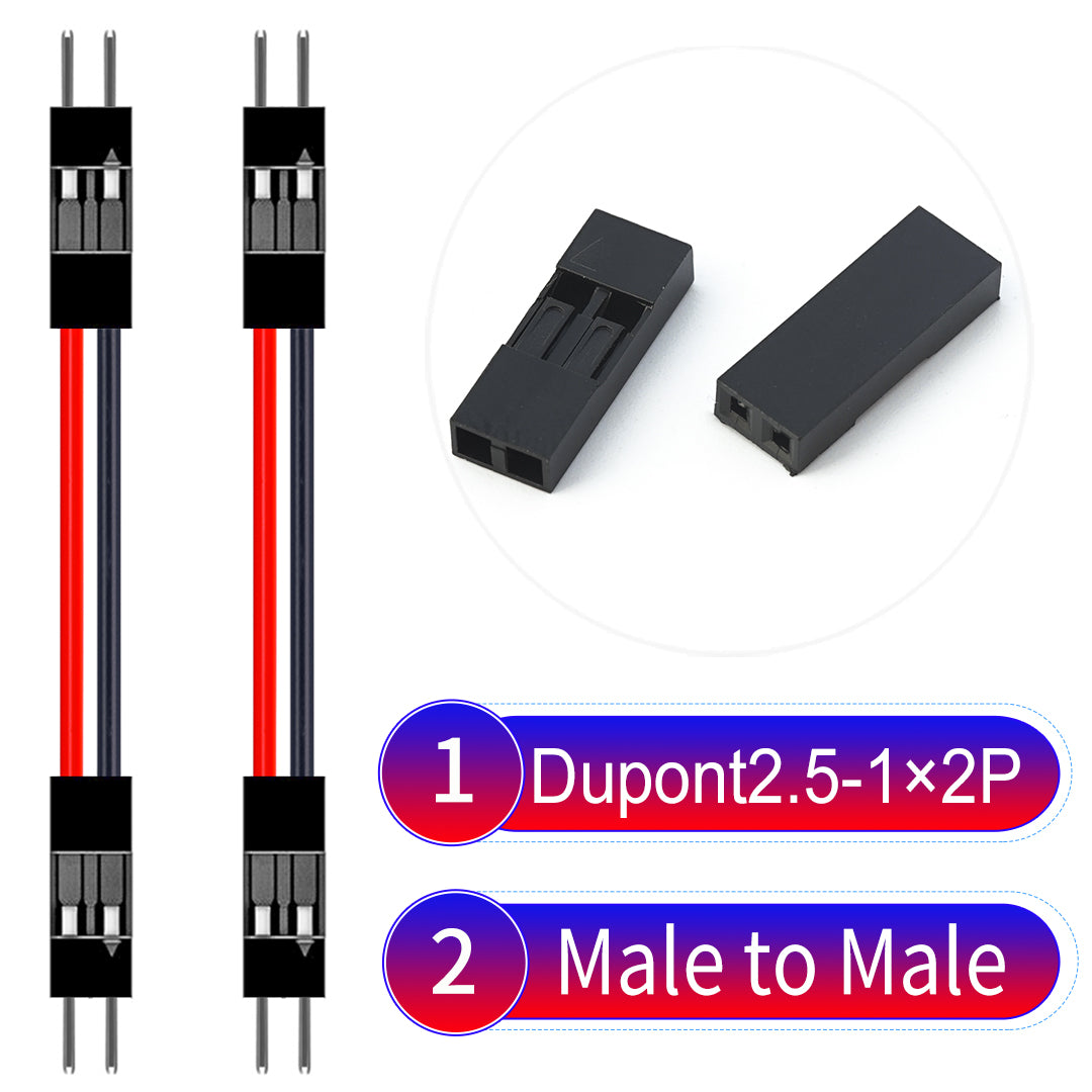 Dupont 2.54mm Male to Male 2Pin cable with 22AWG copper wire, UL1007 PVC insulation, and 2.54mm pitch, suitable for DIY projects and industrial connections.
