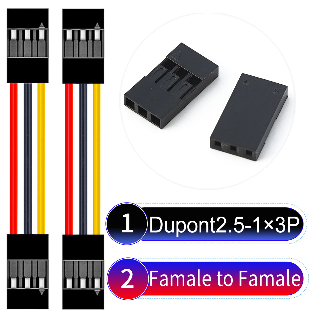 Dupont 2.54mm Female to Female 3Pin cable with 22AWG copper wire, UL1007 PVC insulation, and 2.54mm pitch, suitable for DIY projects and industrial connections.