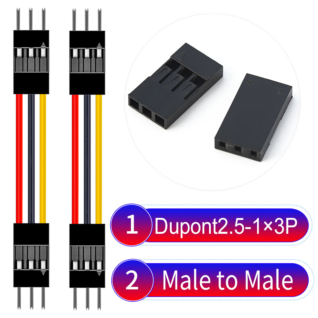 Dupont 2.54mm Male to Male 3Pin cable with 22AWG copper wire, UL1007 PVC insulation, and 2.54mm pitch, suitable for DIY projects and industrial connections.