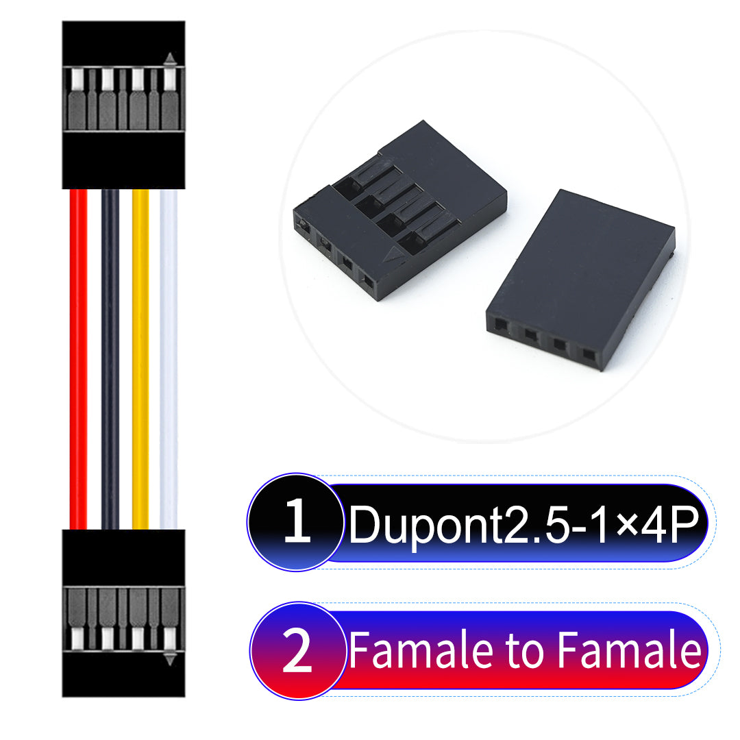 Dupont 2.54mm Female to Female 4Pin cable with 22AWG copper wire, UL1007 PVC insulation, and 2.54mm pitch, suitable for DIY projects and industrial connections.