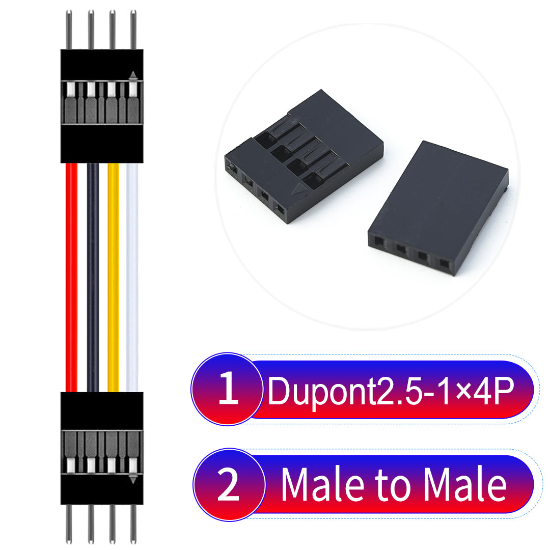 Dupont 2.54mm Male to Male 4Pin cable with 22AWG copper wire, UL1007 PVC insulation, and 2.54mm pitch, suitable for DIY projects and industrial connections.