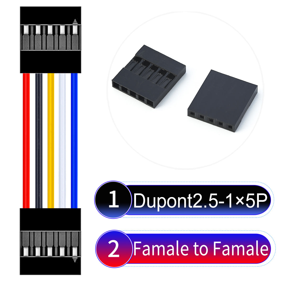 Dupont 2.54mm Female to Female 5Pin cable with 22AWG copper wire, UL1007 PVC insulation, and 2.54mm pitch, suitable for DIY projects and industrial connections.