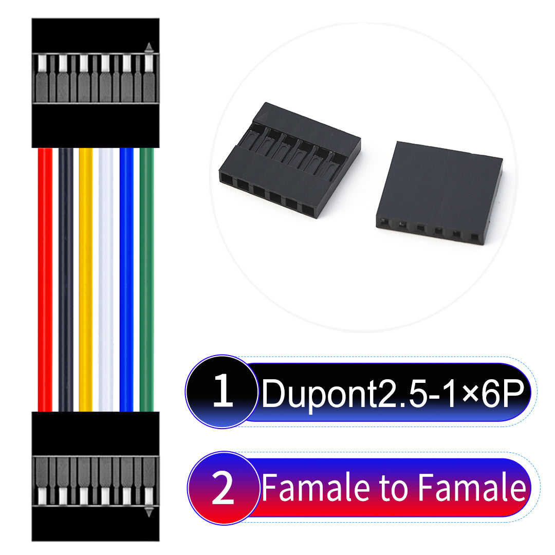 Dupont 2.54mm Female to Female 6Pin cable with 22AWG copper wire, UL1007 PVC insulation, and 2.54mm pitch, suitable for DIY projects and industrial connections.