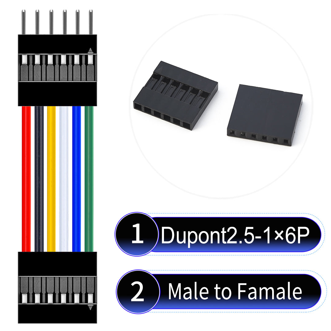 Dupont 2.54mm Female to Male 6Pin cable with 22AWG copper wire, UL1007 PVC insulation, and 2.54mm pitch, suitable for DIY projects and industrial connections.