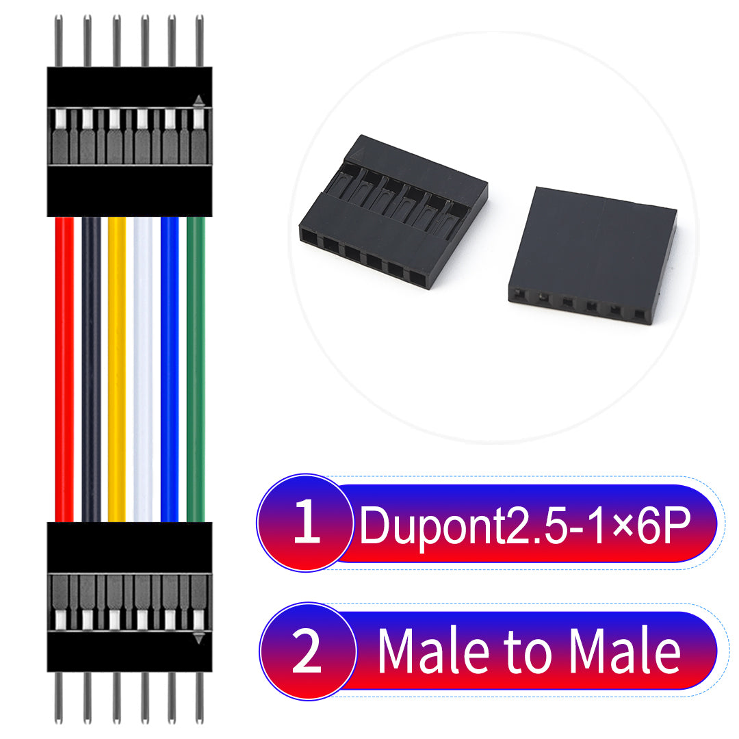 Dupont 2.54mm Male to Male 6Pin cable with 22AWG copper wire, UL1007 PVC insulation, and 2.54mm pitch, suitable for DIY projects and industrial connections.