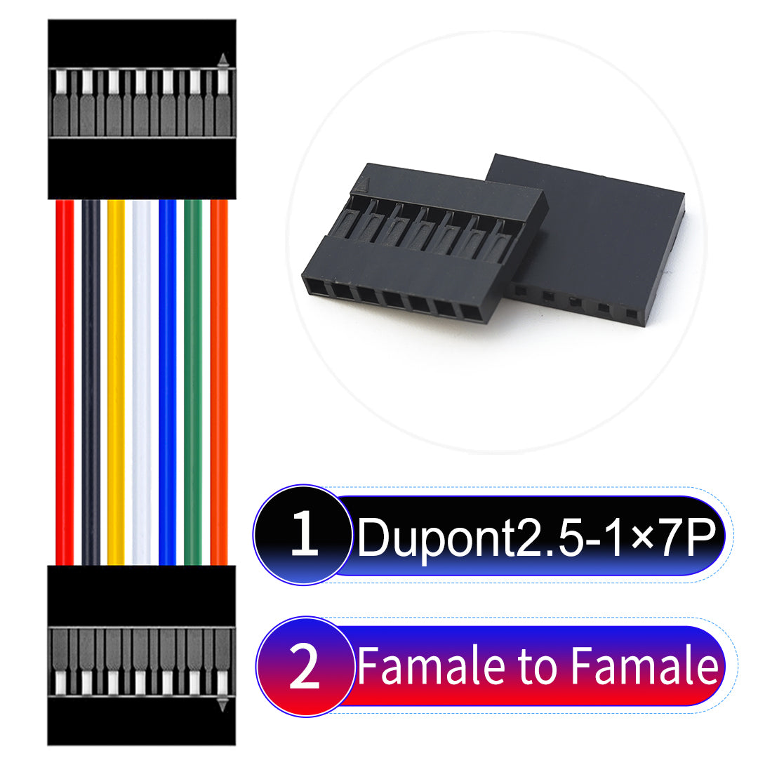 Dupont 2.54mm Female to Female 7Pin cable with 22AWG copper wire, UL1007 PVC insulation, and 2.54mm pitch, suitable for DIY projects and industrial connections.
