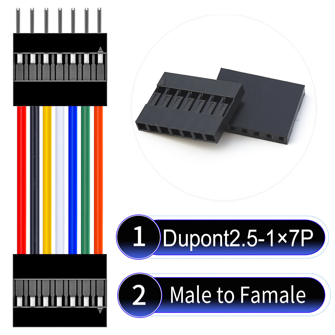 Dupont 2.54mm Female to Male 7Pin cable with 22AWG copper wire, UL1007 PVC insulation, and 2.54mm pitch, suitable for DIY projects and industrial connections.