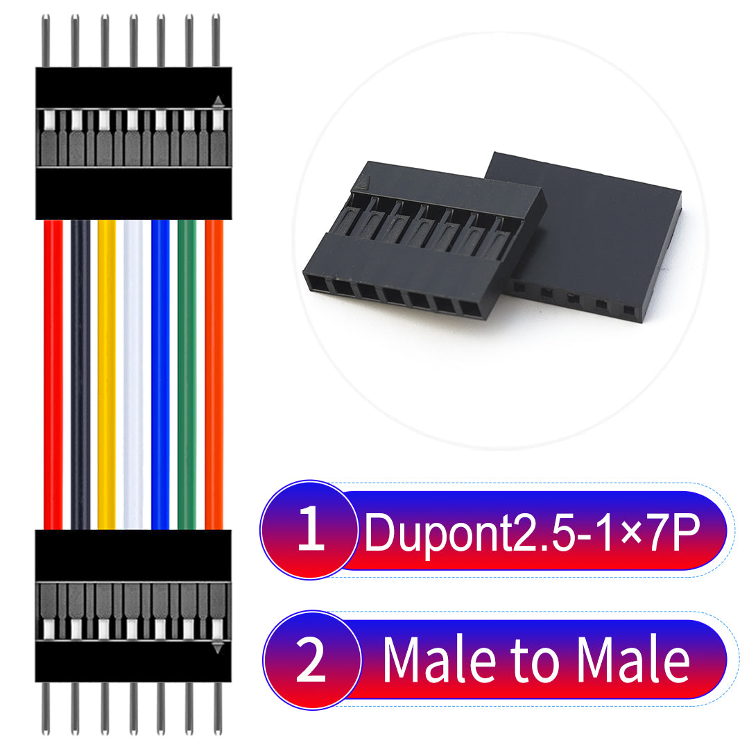 Dupont 2.54mm Male to Male 7Pin cable with 22AWG copper wire, UL1007 PVC insulation, and 2.54mm pitch, suitable for DIY projects and industrial connections.
