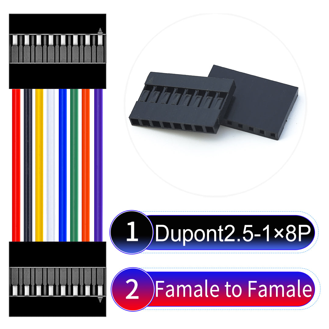 Dupont 2.54mm Female to Female 8Pin cable with 22AWG copper wire, UL1007 PVC insulation, and 2.54mm pitch, suitable for DIY projects and industrial connections.