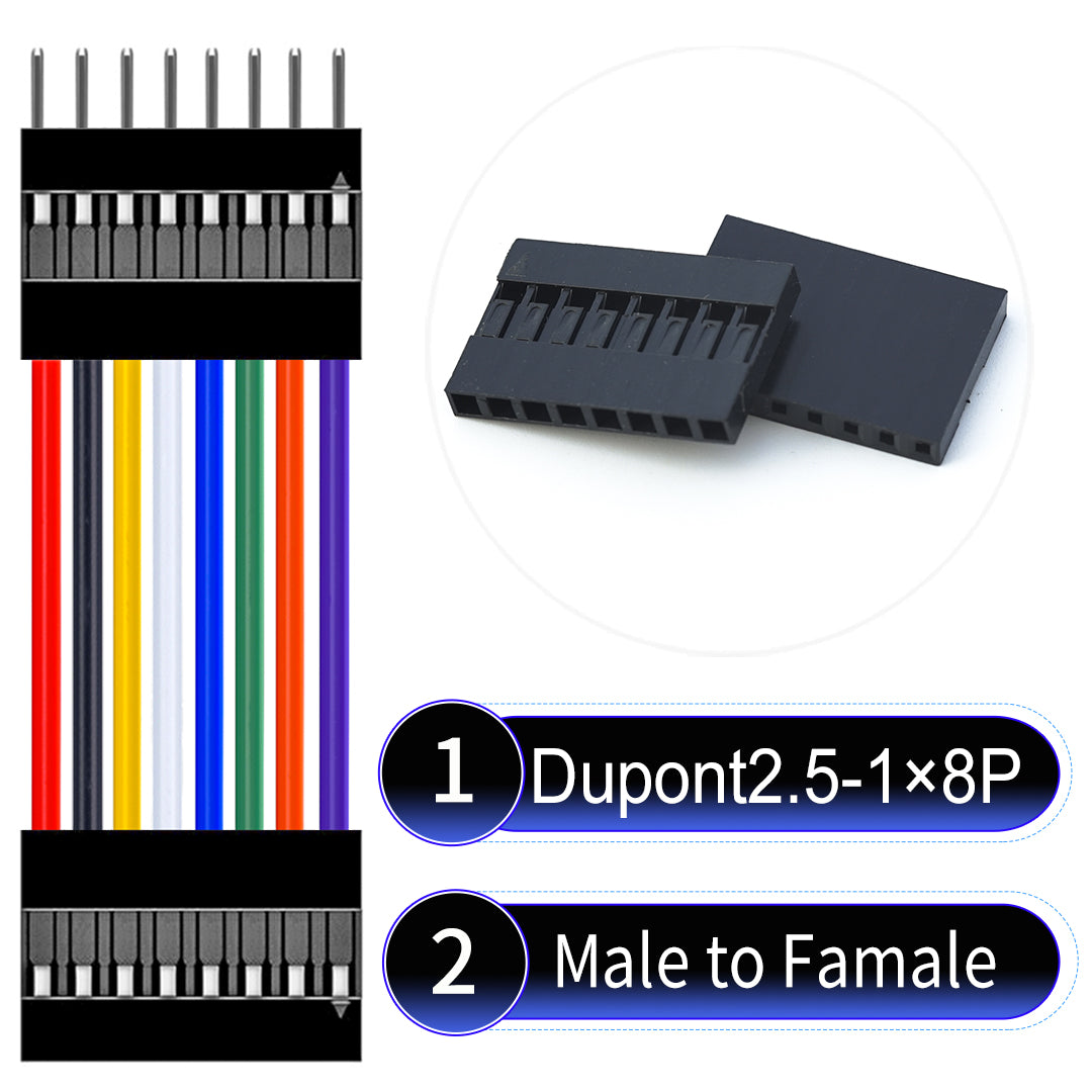 Dupont 2.54mm Female to Male 8Pin cable with 22AWG copper wire, UL1007 PVC insulation, and 2.54mm pitch, suitable for DIY projects and industrial connections.
