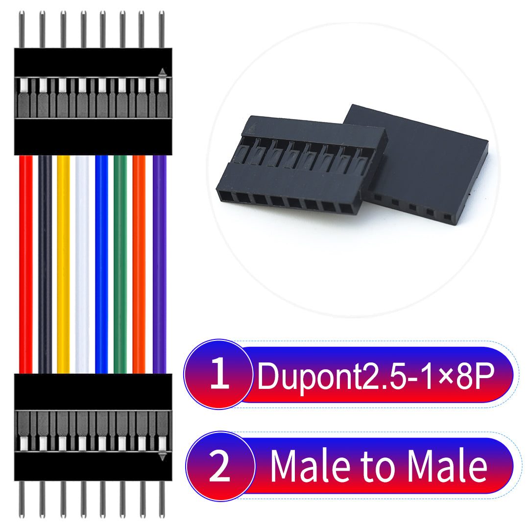Dupont 2.54mm Male to Male 8Pin cable with 22AWG copper wire, UL1007 PVC insulation, and 2.54mm pitch, suitable for DIY projects and industrial connections.