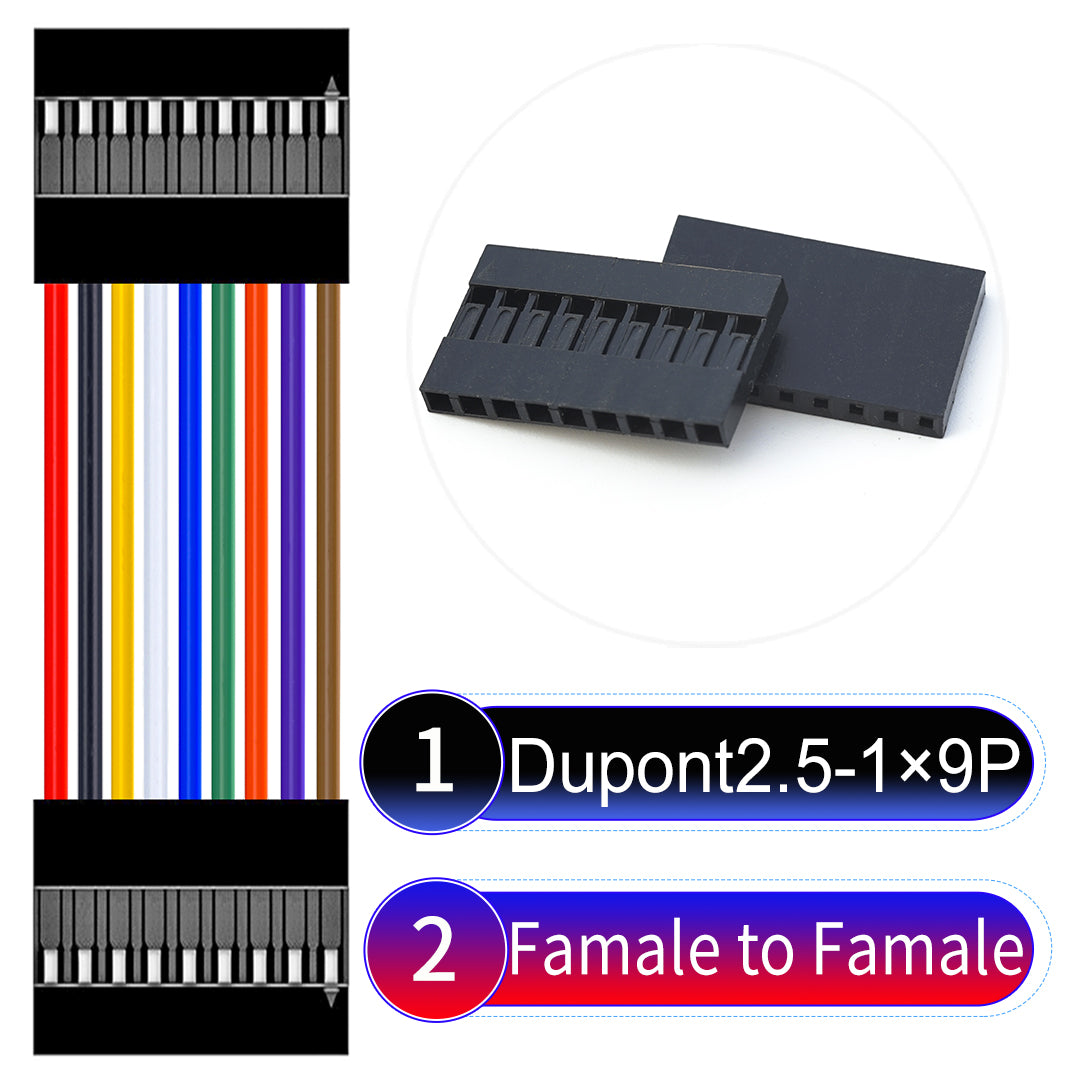 Dupont 2.54mm Female to Female 9Pin cable with 22AWG copper wire, UL1007 PVC insulation, and 2.54mm pitch, suitable for DIY projects and industrial connections.