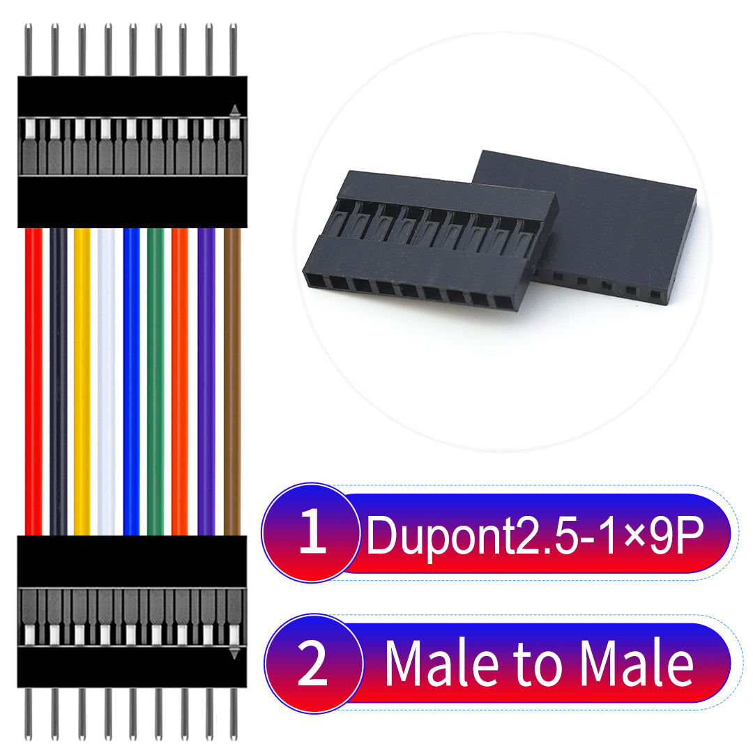 Dupont 2.54mm Male to Male 9Pin cable with 22AWG copper wire, UL1007 PVC insulation, and 2.54mm pitch, suitable for DIY projects and industrial connections.