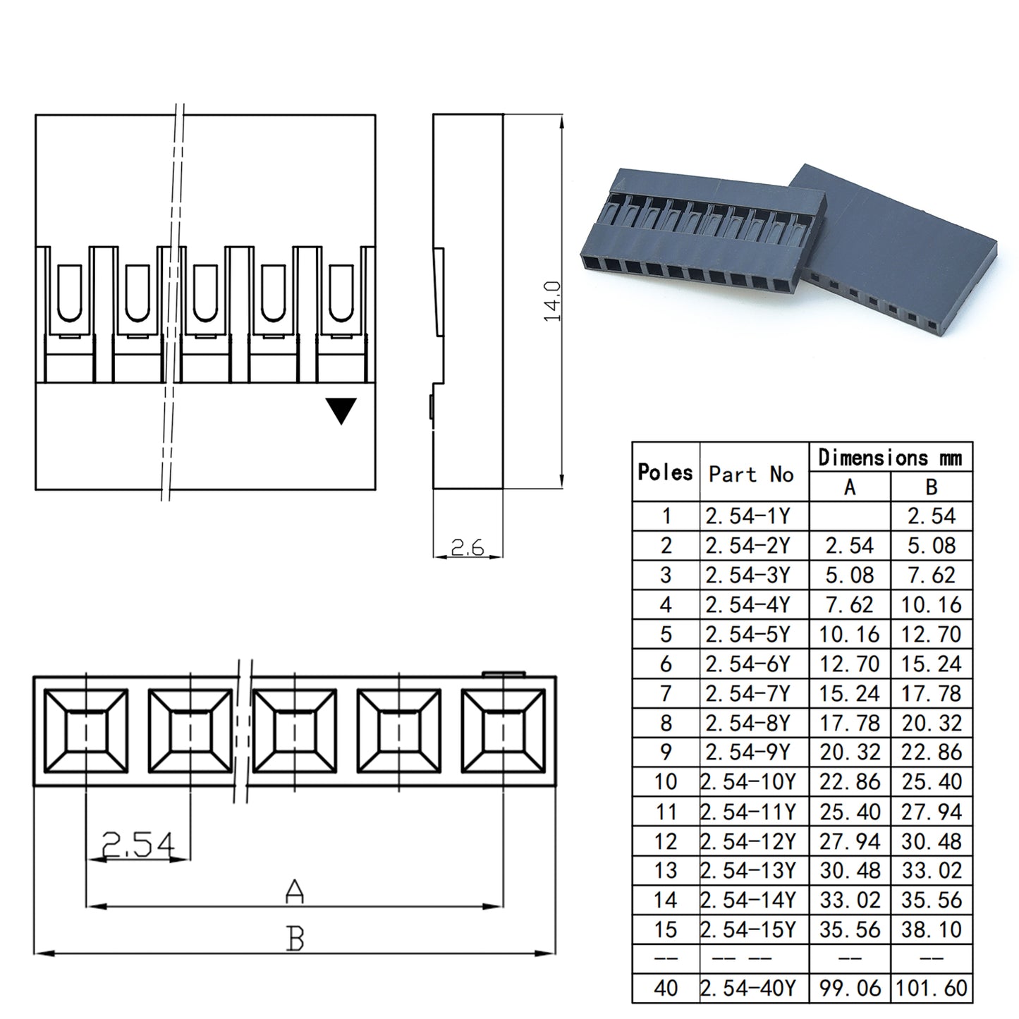 Housing and terminal details of Dupont 2.54mm male and female connectors with cables
