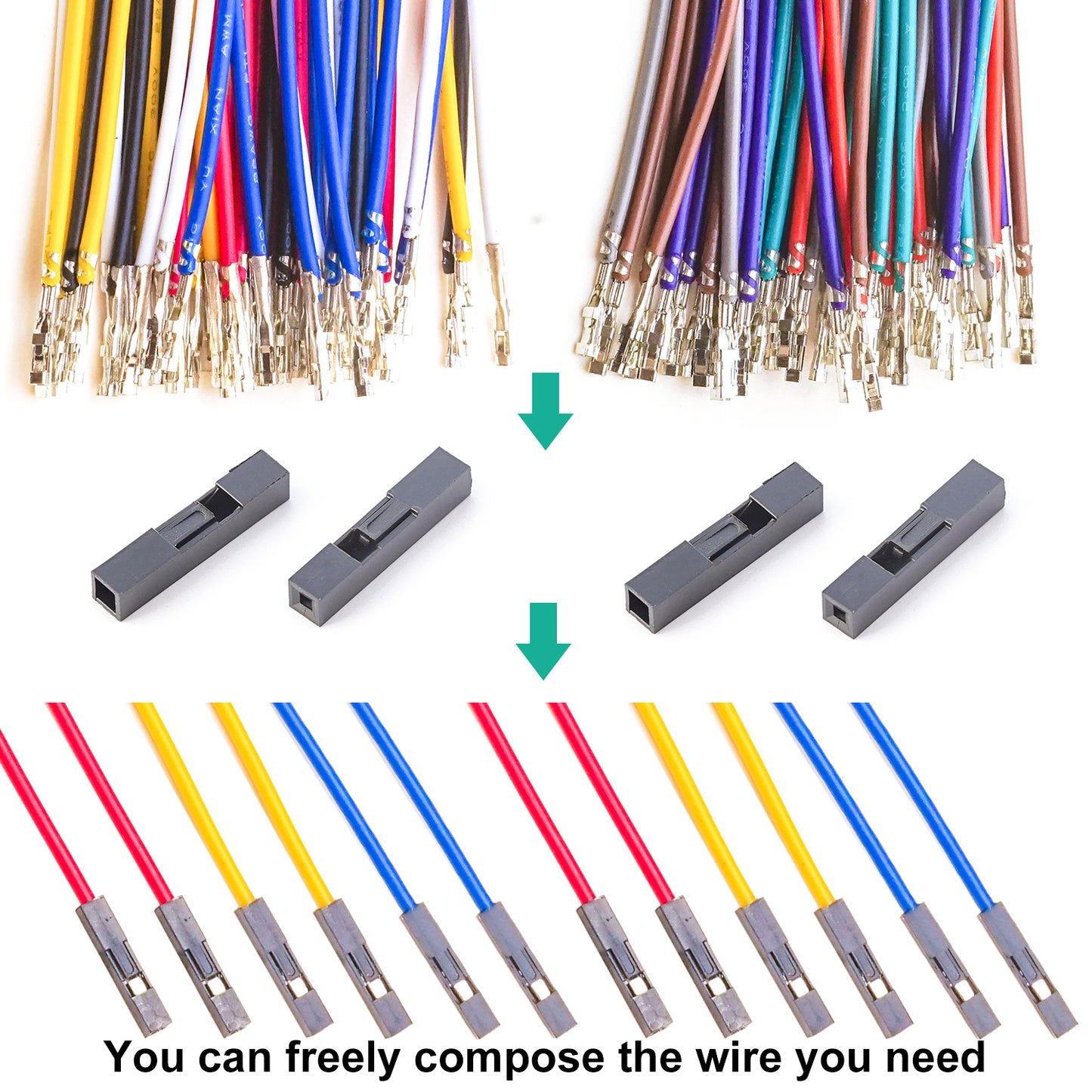 Dupont 2.54mm female to female connector kit with 22AWG pre-crimped wires used in DIY electronics and wiring projects