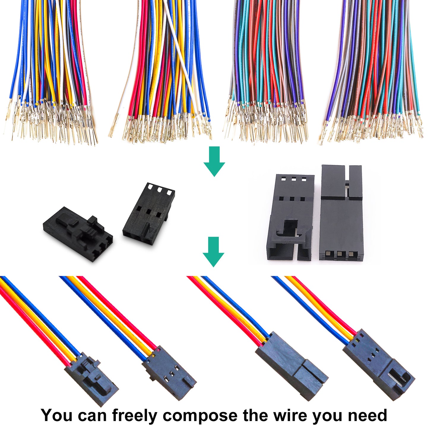 Dupont 2.5mm male and female connector kit with lock and 22AWG pre-crimped wires used in DIY electronics and wiring projects