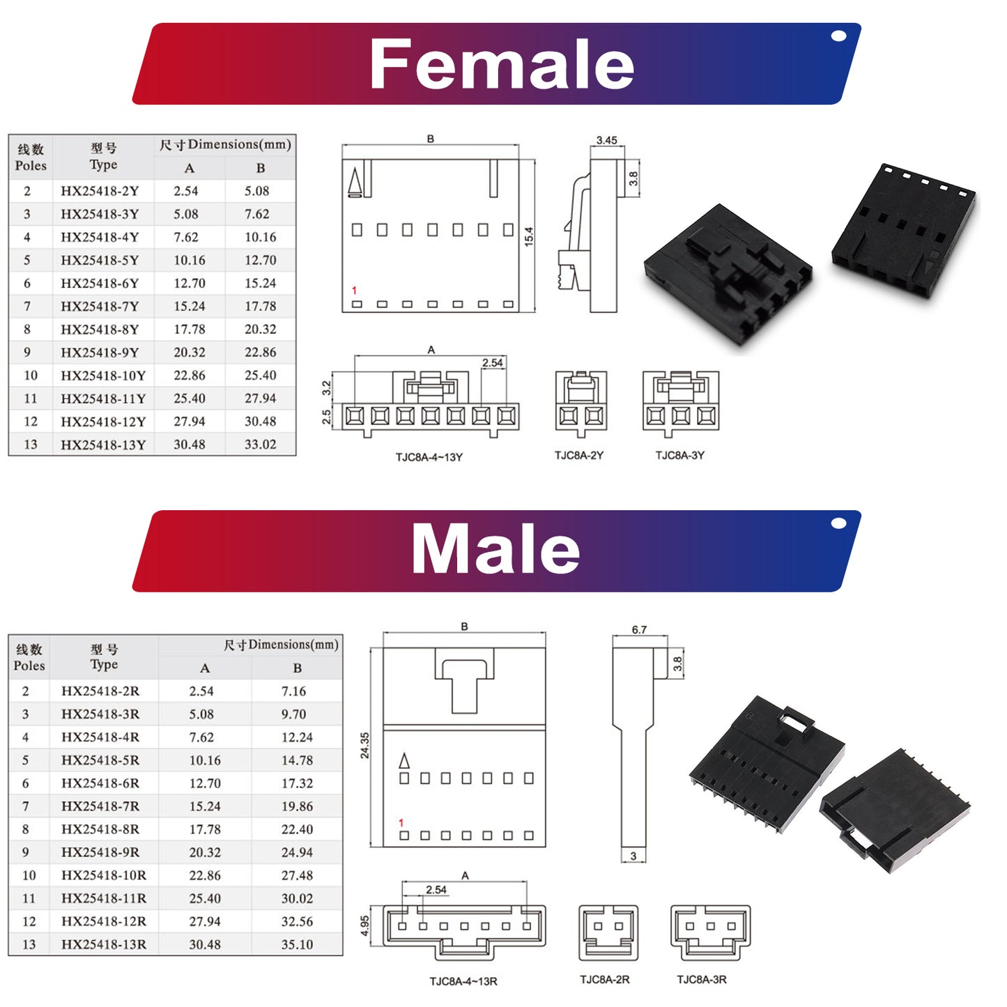 Detailed view of Dupont 2.5mm male and female connector pins and crimp terminals