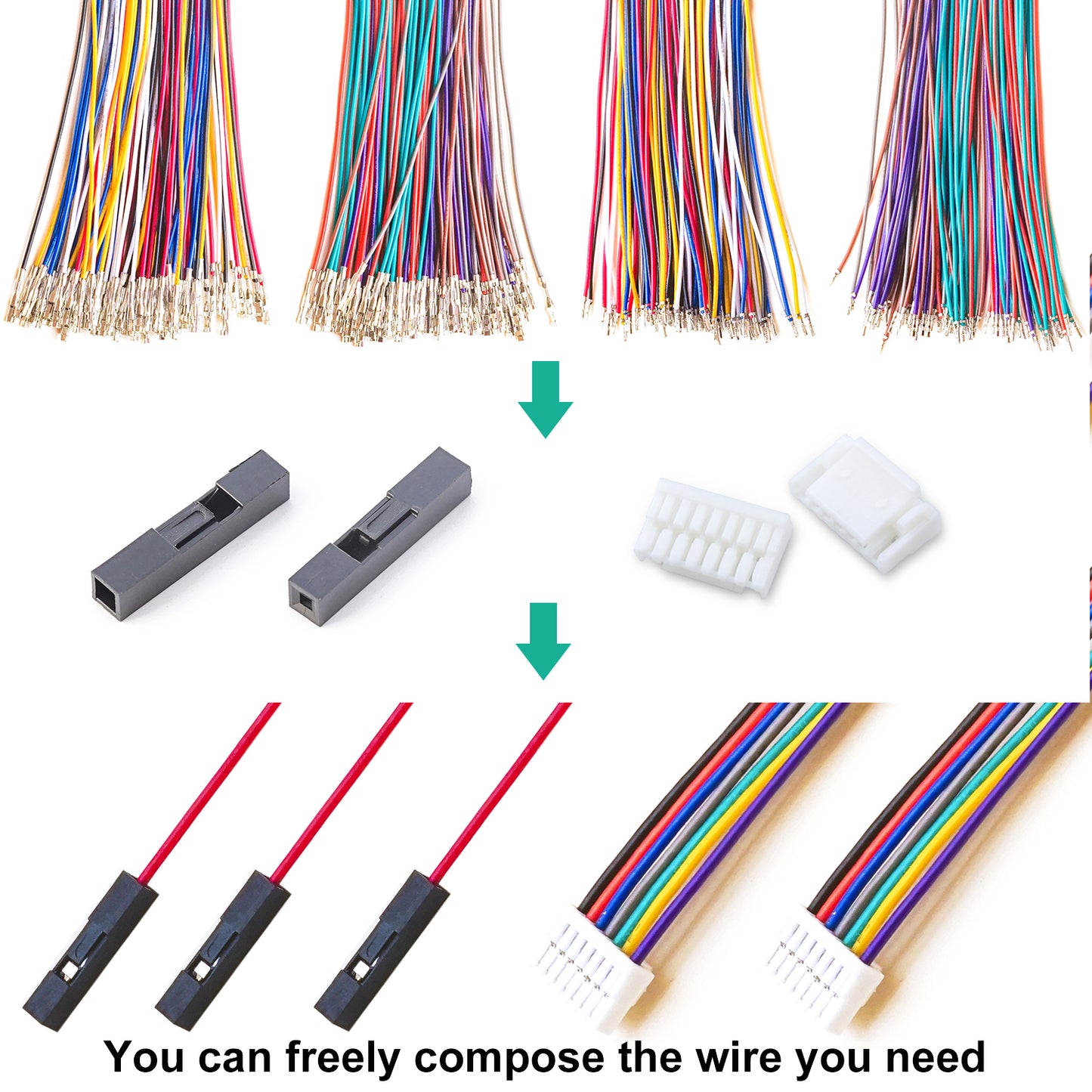 Detailed view of GH1.25 JST connector pins and Dupont 2.54 connector terminals