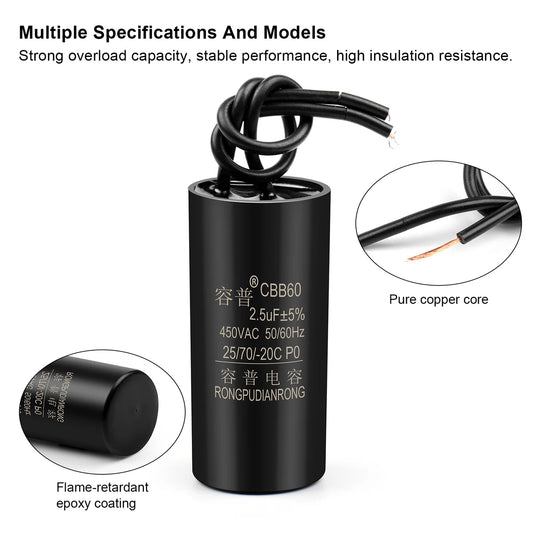 CBB60 Motor Run and Start Capacitor 450V AC 1.1–13µF for Water Pumps and Washing Machines