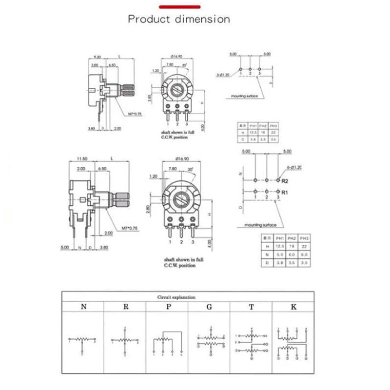 2pcs WH148 6-Pin Dual Stereo Potentiometer – 1K to 500K Amplifier Knob