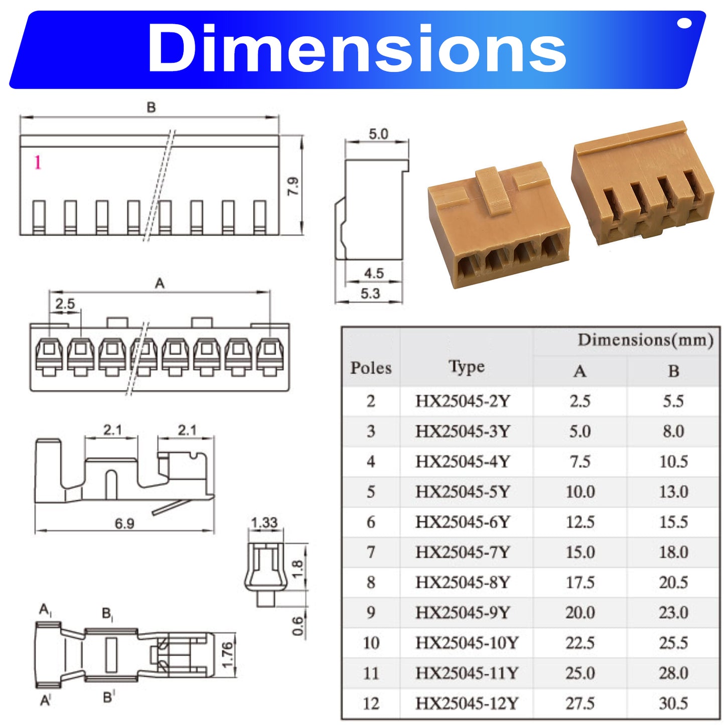 Detailed view of JAE 2.5mm connector pins and crimp terminals