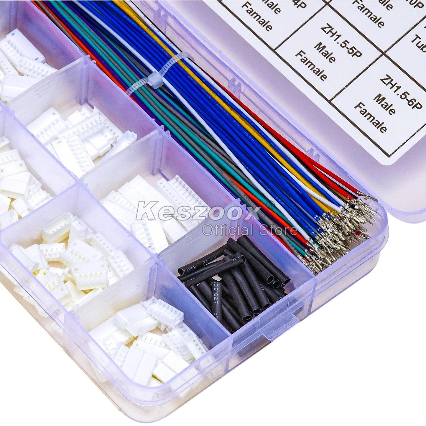 Detailed view of JST 1.5mm male/female connector housing and pre-crimped terminals