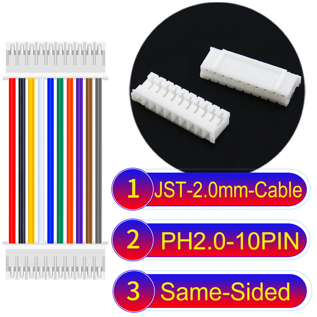 High-quality JST PH2.0 10Pin Same-Side-Head cable, made with UL1007-certified PVC, compatible with various devices.
