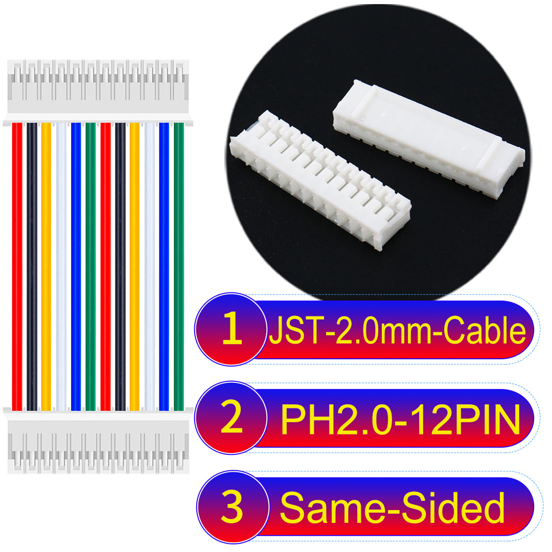 High-quality JST PH2.0 12Pin Same-Side-Head cable, made with UL1007-certified PVC, compatible with various devices.
