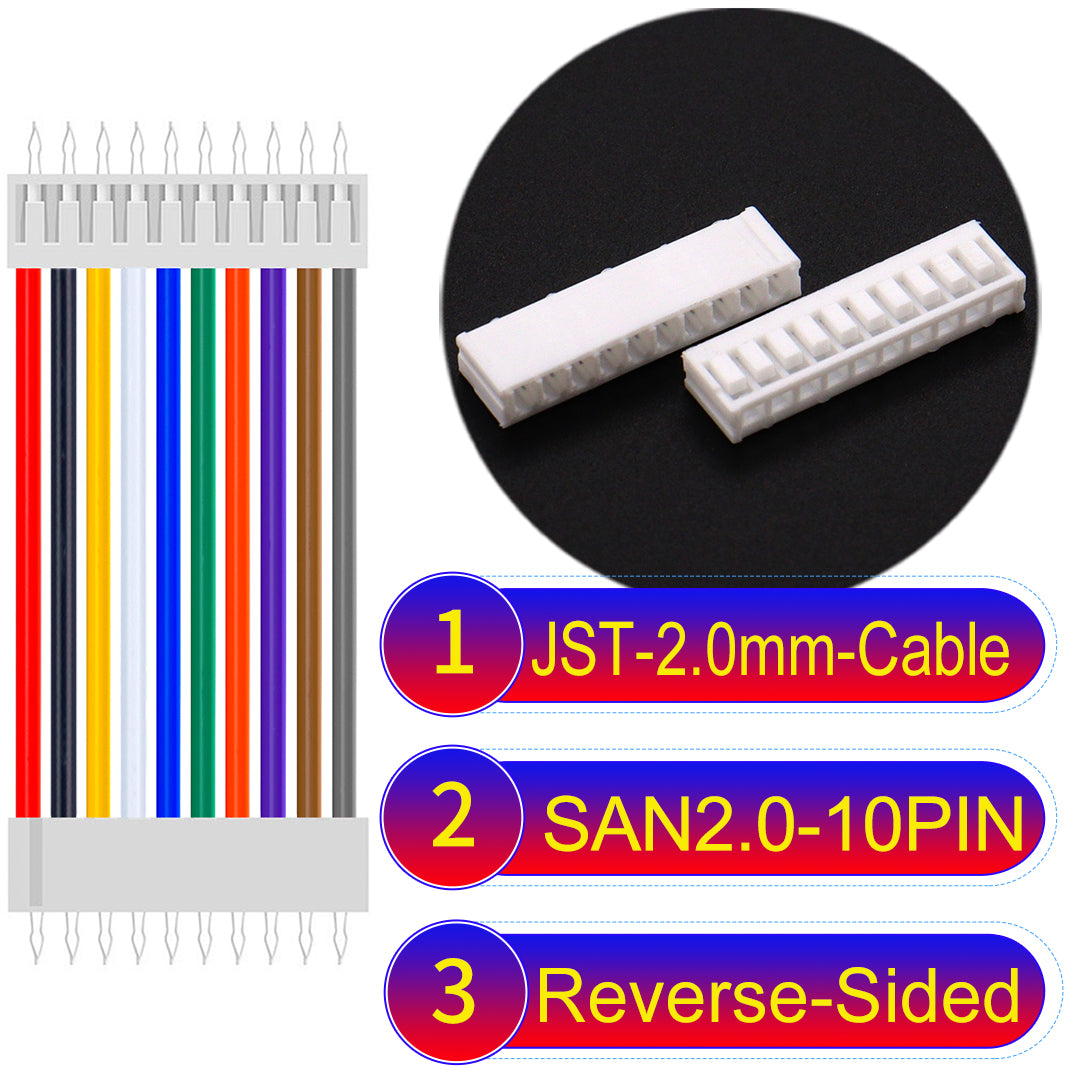 JST SAN2.0 10Pin Reverse-Side-Head cable, UL1007-certified, 2.0mm pitch, ensuring reliable connectivity for electronic and industrial devices.