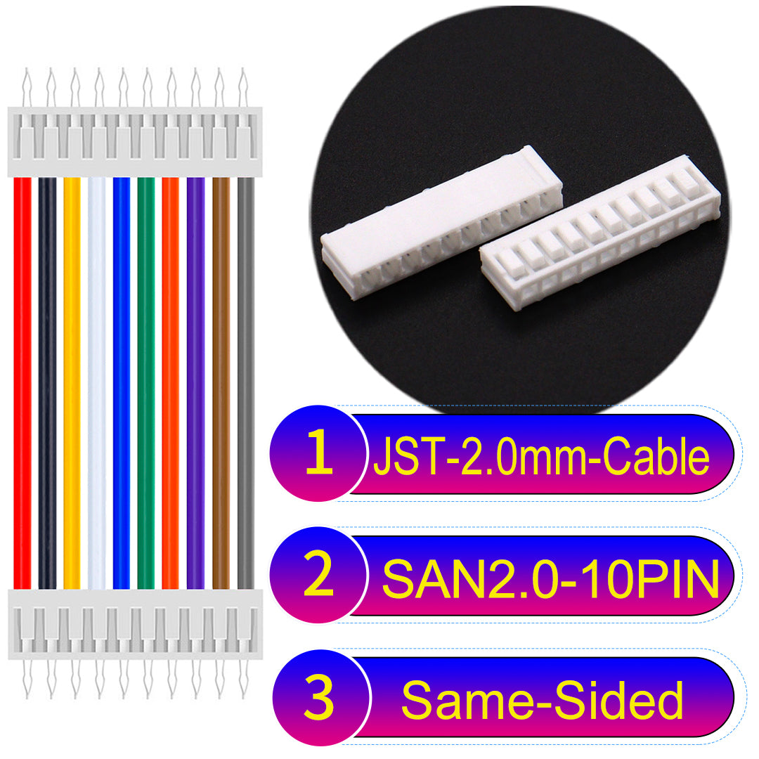 JST SAN2.0 10Pin Same-Side-Head cable, UL1007-certified, 2.0mm pitch, ensuring reliable connectivity for electronic and industrial devices.