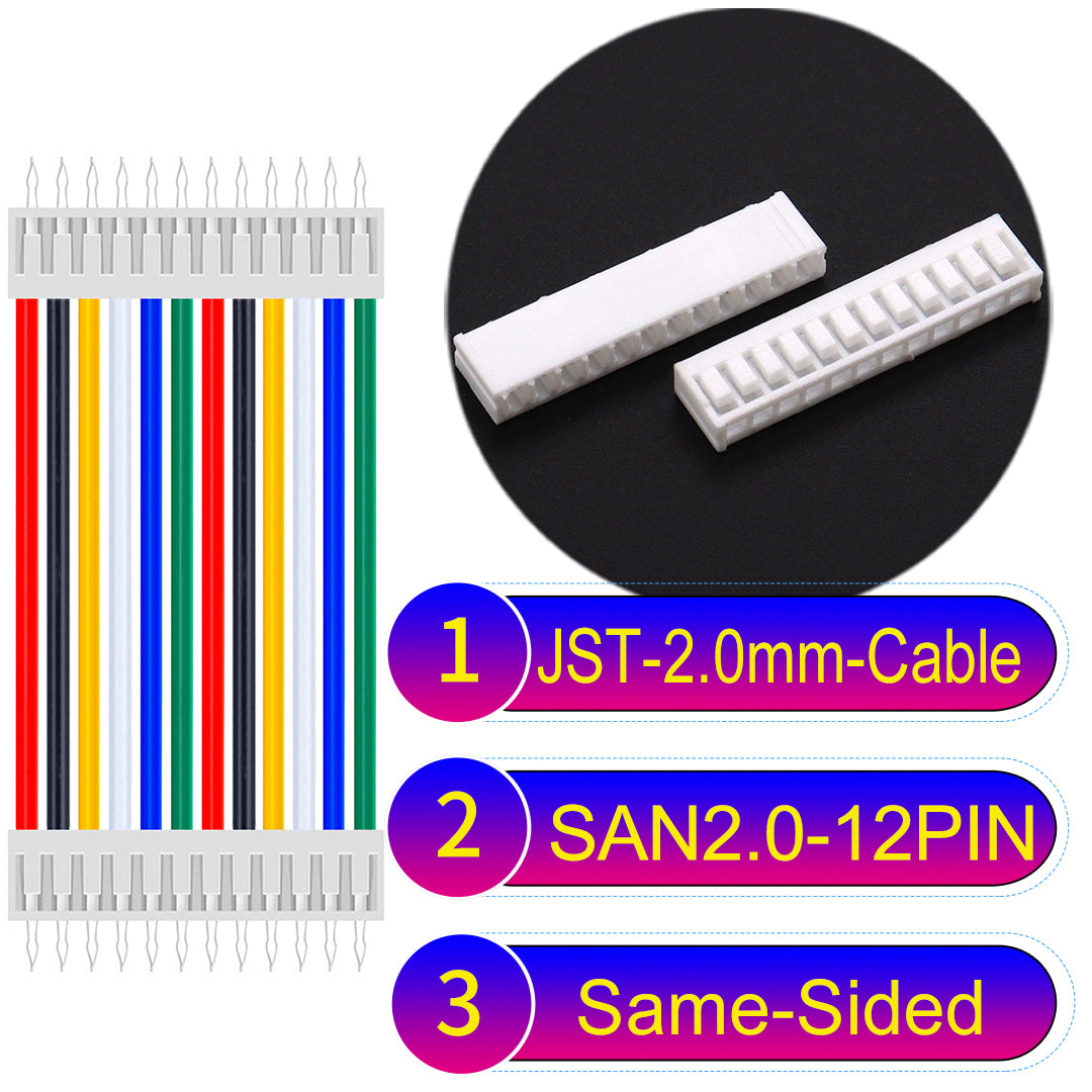JST SAN2.0 12Pin Same-Side-Head cable, UL1007-certified, 2.0mm pitch, ensuring reliable connectivity for electronic and industrial devices.