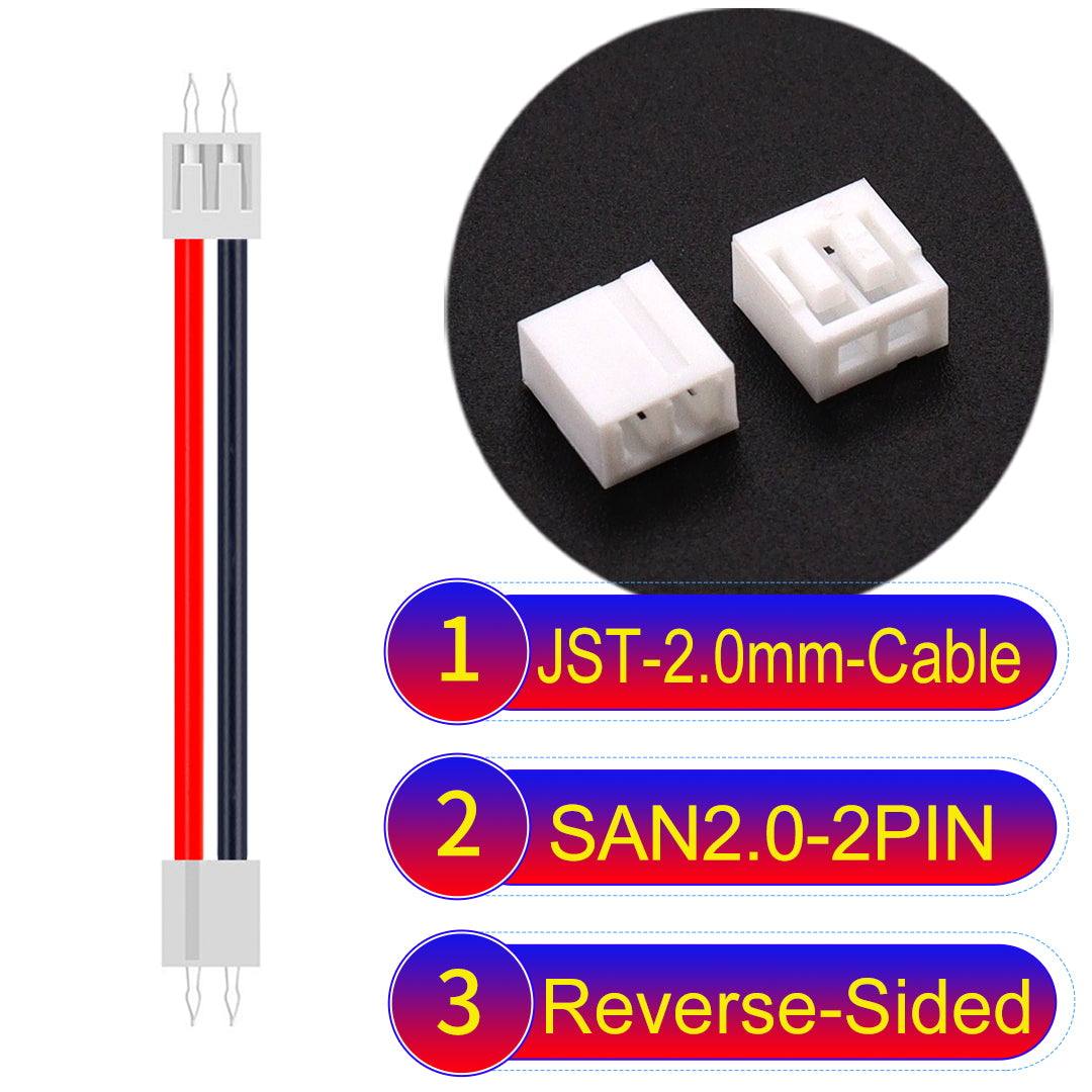 JST SAN2.0 2Pin Reverse-Side-Head cable, UL1007-certified, 2.0mm pitch, ensuring reliable connectivity for electronic and industrial devices.