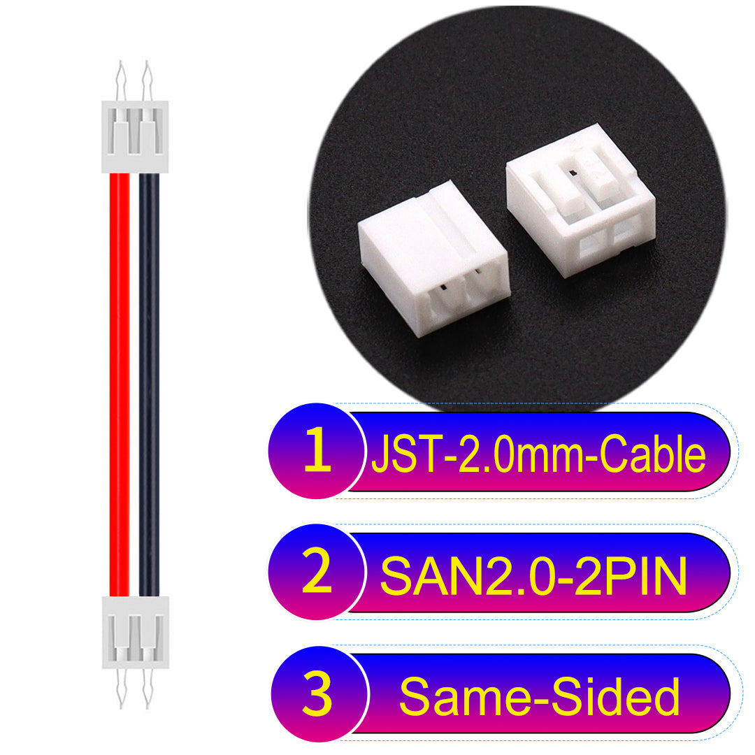 JST SAN2.0 2Pin Same-Side-Head cable, UL1007-certified, 2.0mm pitch, ensuring reliable connectivity for electronic and industrial devices.