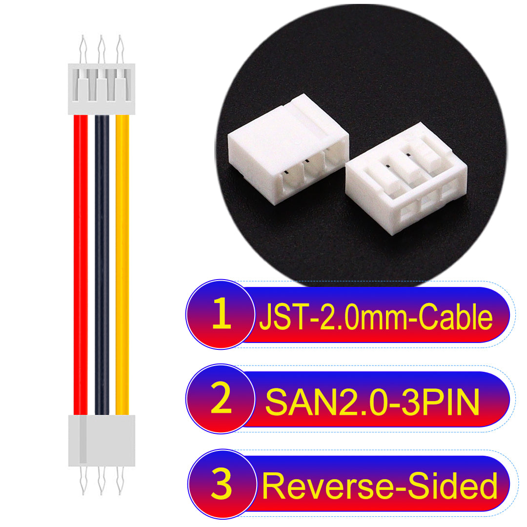 JST SAN2.0 3Pin Reverse-Side-Head cable, UL1007-certified, 2.0mm pitch, ensuring reliable connectivity for electronic and industrial devices.