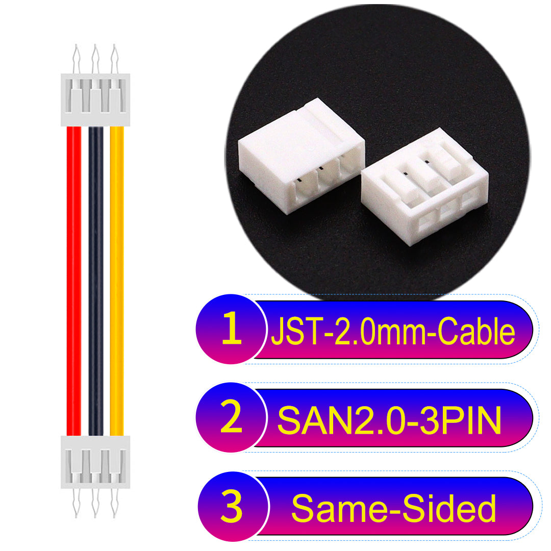 JST SAN2.0 3Pin Same-Side-Head cable, UL1007-certified, 2.0mm pitch, ensuring reliable connectivity for electronic and industrial devices.